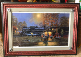 Train Print Custom Wood Frame with Train Wheel Accents