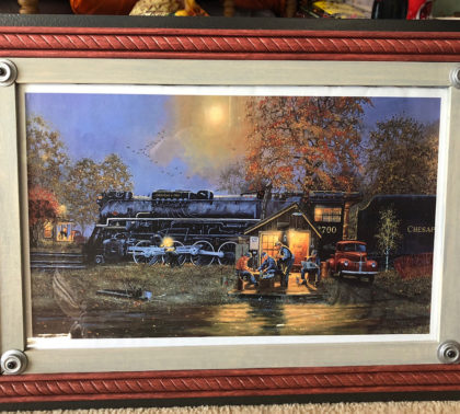 Train Print Custom Wood Frame with Train Wheel Accents